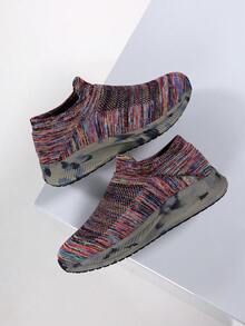 Women Multicolor Knit Slip-On Sneakers Breathable Comfortable Casual Walking Shoes - Red - View 4