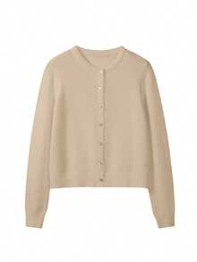 FOR BEAUTY Women's Round Neck Twisted Button Long Sleeve Knit Cardigan, Casual Comfortable Solid Color Sweater Jacket, New Year Top - Khaki - View 6