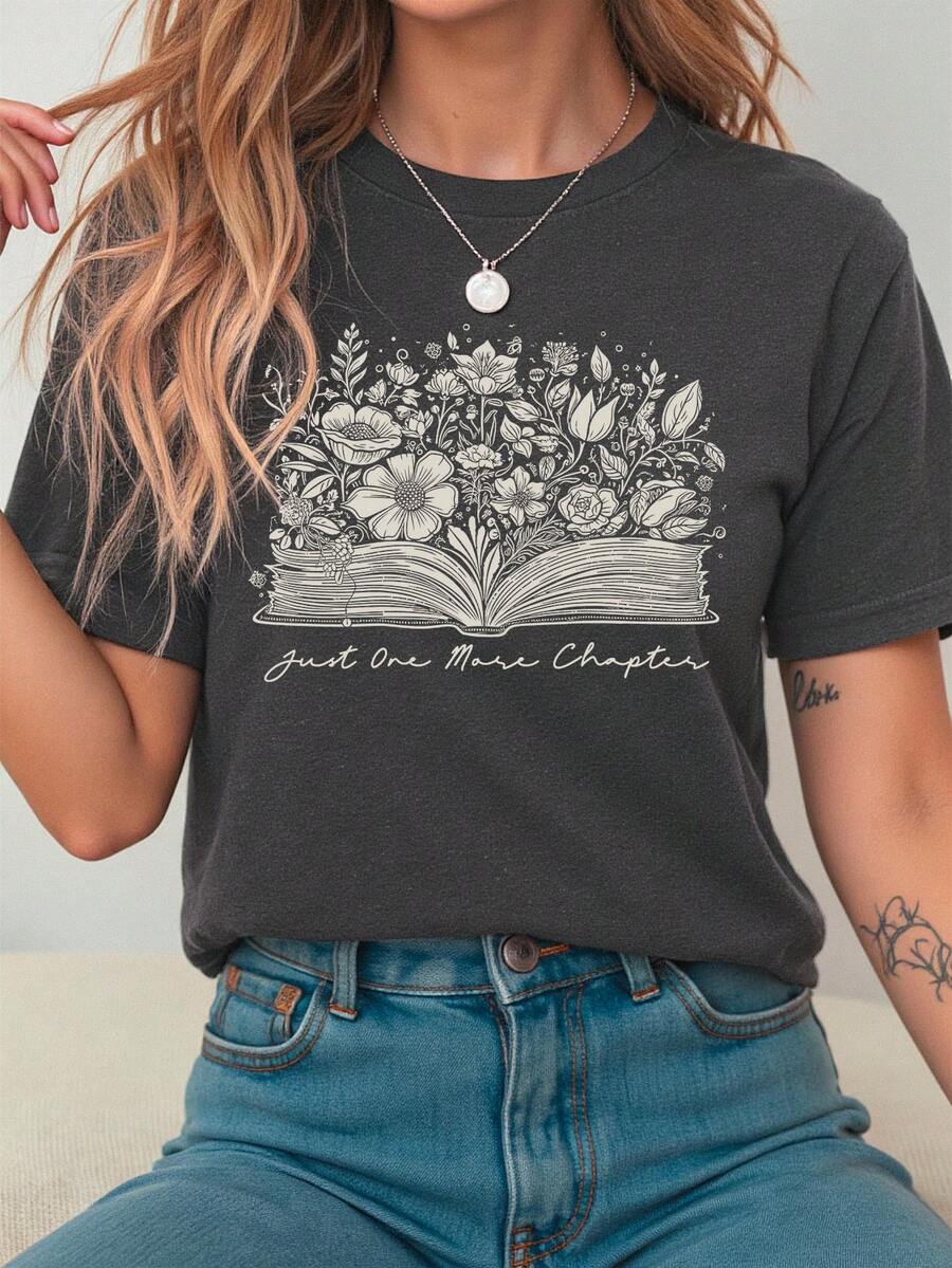 Howell All-Match Fashion Floral Print Short Sleeve T-Shirt Women's Casual Charming Flower Pattern Tee With Round Neck Graphic Tees Women Tops - Dark Grey - View 1