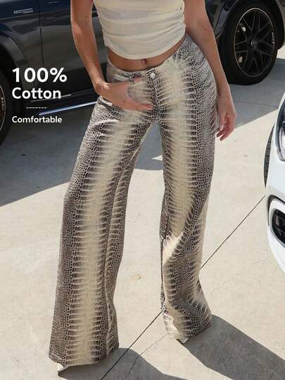 Pantaloni casual in cotone puro, con gamba dritta, stampa floreale e motivo serpente, stile Rockstar Y2K, per il festival musicale Mystra, jeans da donna