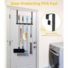 Broom Holder Over Door - 304 Stainless Steel Mop And Broom Holder Wall Mounted Or Hanging Over Door With Hooks - Broom Hanger, Broom Storage Organizer Garage Closet Laundry - 黑色+1 - 查看 4