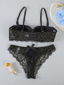 Conjunto de 2 peças com sutiã e calcinha de renda sexy com efeito push-up para mulheres. - Preto - Ver 7