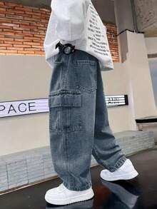 青少年男孩时尚直筒休闲牛仔裤 - 藏蓝色 - 查看 2