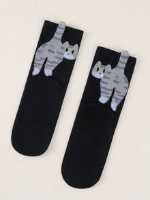 2双春秋季可爱女生日常外出吸睛猫屁股装饰柔软透气卡通风格短袜休闲穿搭闺蜜聚会猫咪袜 - 黑與白 - 查看 6