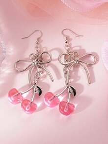 1 Pair Pink Cherry Blossom Earrings, Bow Pendant Earrings, Romantic & Cute Earrings, Suitable For Women, Valentine's Jewelry, Holiday Gift, For Girlfriend, Friend, Mother - Pink Cherry Earrings - View 4