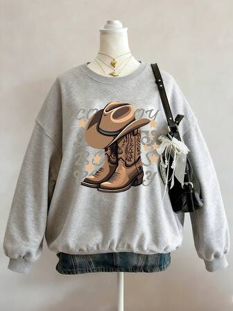 Teen Girl Clothes, Western Cowboy Shoes Printed Pattern, Casual Style, Round-Neck Sweatshirt, Suitable For Autumn And Winter, Suitable For Students To Wear When Daily Wear, Party, School, Attending Music Festivals, Vacation, Commuting. Can Be Given As A Gift To Family, Boyfriend, Girlfriend, Friends