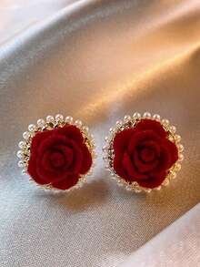 1 Pair Girls' Red Flower Beaded Earrings, Lightweight & Luxurious, Showcasing A High-End Unique Style - Multicolor - View 5
