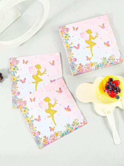 40pcs 13"X13" Fairy Theme Napkins - Glitter Gold Fairy + Colorful Floral & Butterfly Print, Paper Material, Sweet Style, Suitable For Theme Parties And Daily Use