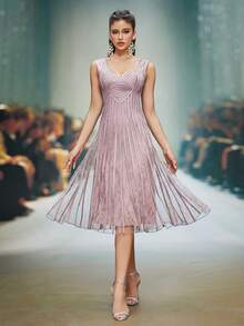 Magiacy 无肩带印花网纱露肩宽肩带喇叭形晚礼服 - 粉色 - 查看 1