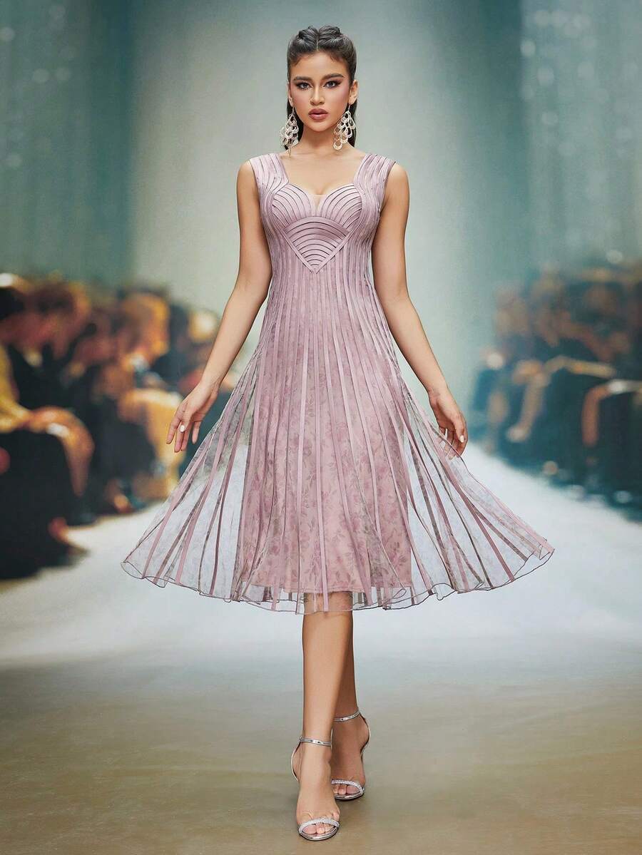 Magiacy 无肩带印花网纱露肩宽肩带喇叭形晚礼服 - 粉色 - 查看 1