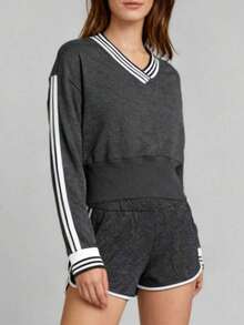 Women's Black V-Neck Striped Cropped Sweatshirt, Retro Sporty Long Sleeve Top, Athletic Pullover For Gym & Street Fashion - Dark Grey - View 1