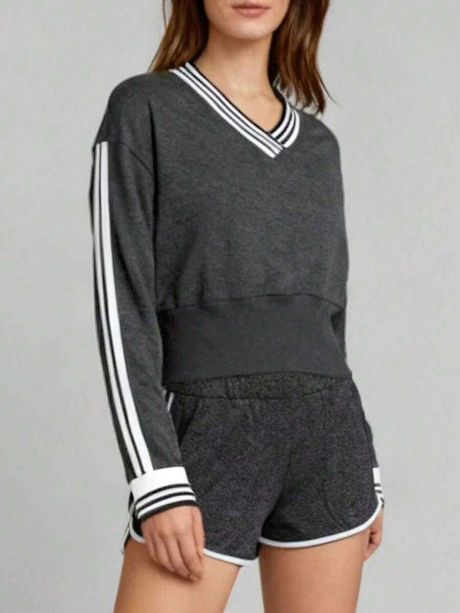 Women's Black V-Neck Striped Cropped Sweatshirt, Retro Sporty Long Sleeve Top, Athletic Pullover For Gym & Street Fashion - Dark Grey - View 1