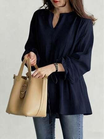 Women's V-Neck Joker Tunic Shirt Women's Cross-Border New Retro Casual Loose Long-Sleeved Lace-Up Shirt