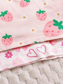 2 Sets (4pcs) Girls & Toddlers Casual Strawberry, Flower, Cherry, Bow, Heart Print Soft & Comfortable Flame Retardant Knit Fabric Long Sleeve T-Shirt And Pants Pajama Set, Suitable For Autumn/Winter Home Wear - Multicolor - View 5
