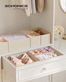 SONGMICS Divisore per Cassetti, Organizzatore per Armadio, Set di 6, Scatole di Stoccaggio Pieghevoli in TNT, per Calze, Biancherie, Reggiseni, Cravatte, Sciarpe, Beige Sabbia - Beige - Visualizzare 1