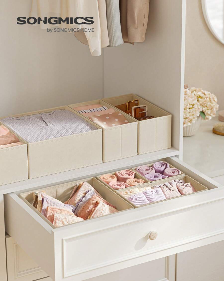 SONGMICS Divisore per Cassetti, Organizzatore per Armadio, Set di 6, Scatole di Stoccaggio Pieghevoli in TNT, per Calze, Biancherie, Reggiseni, Cravatte, Sciarpe, Beige Sabbia - Beige - Visualizzare 1