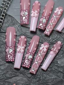 CrystalHola 10片手工法式美甲假指甲，长款粉色芭蕾舞者美甲，饰以水钻和蝴蝶结，奢华可爱美甲，Y2K风格，彩色亚克力假指甲，适合音乐节、派对和日常佩戴，是送给女孩和女士的绝佳礼物，圣诞美甲 - 彩色 - 查看 3