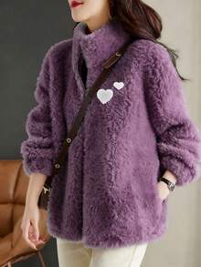 Women's Solid Color Zippered Lapel Collar Heart Pattern Faux Fur Coat - Lilac Purple - View 3