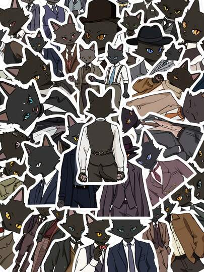 50pcs Black Cat Gentleman Sticker Funny Cool Decal For Guitar Skateboard Phone Luggage Diary IPad Decoration Sticker