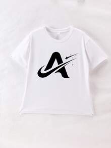 Girls Letter Graphic Print Round Neck Short Sleeve T-Shirt, Fashionable & Girls Clothing - White - View 2