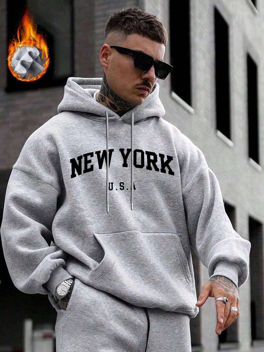 Men's Loungewear Men's Oversized New York Graphic Print Hoodie, Casual Streetwear, Autumn/WinterLoose And Comfortable - 灰色 - 查看 1