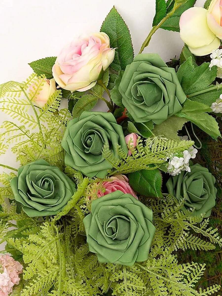 25pcs/50pcs OPP Foam Rose With Pole PE Material Imitation Rose Artificial Flower Wedding Valentine's Day - Green - View 1