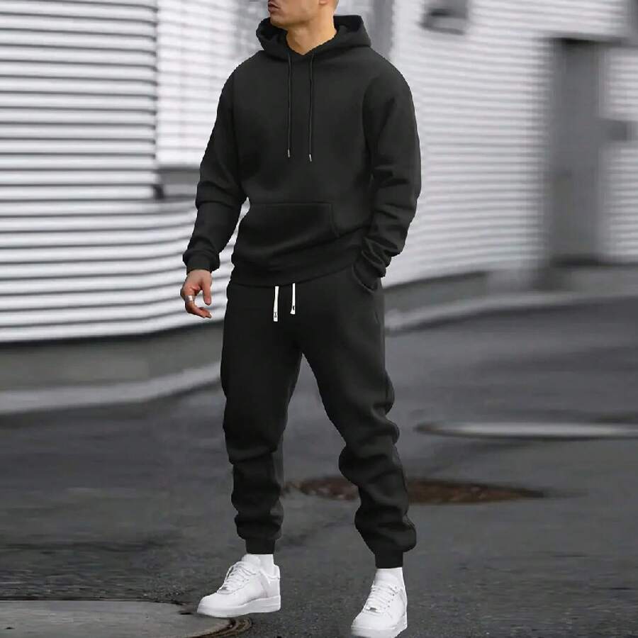 Men's Autumn Suit Casual Sports Solid Color Hoodie Men's Two-Piece Set Loose Sweatshirt Men's Clothing - 黑色 - 查看 1