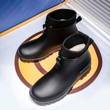 时尚固定式毛绒雨靴，男士低筒短筒雨靴，保暖防水防滑厚底耐穿鞋，适合学生、厨房、涉水、男女情侣穿着 - 黑色 - 查看 12