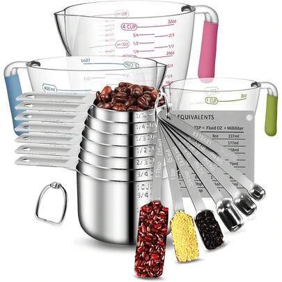 20-Piece Set Of Measuring Cups And Spoons, Nested Stainless Steel And Plastic Measuring Cups And Spoons For Dry And Liquid Ingredients, Kitchen Cooking And Baking
