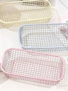 Cesta de almacenamiento de metal de color crema estética, organizador de escritorio con estilo y asa para escritorio de oficina, tocador, soporte para maquillaje y accesorios, decoración del hogar minimalista