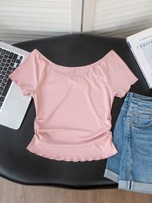 粉色甜美少女风圆领荷叶边蝴蝶结装饰T恤，可爱街头风修身短袖女式上衣，腰部褶裥设计