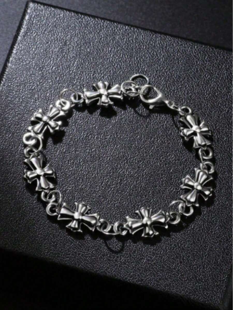 1 chiếc vòng tay nam bằng hợp kim trang trí hình thánh giá phong cách Gothic/Vintage tối màu. - Bạc - Xem 1
