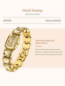 VA VA VOOM Women Square Watch Gorgeous Rhinestone Bosnia Style Fashion 27mm Gift Clock Gold & Silver & Green & Pink Stainless Steel Original Quartz Movement 3Bar Leisure & Work Girls Date Gift Couple Ladies Watch - Gold - View 7