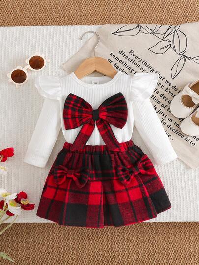 新生女宝宝套装：白色长袖蝴蝶结上衣搭配红色格子蝴蝶结裙，优雅复古可爱风格，舒适面料，秋季新品