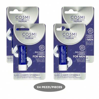 COSMI MILANO COSMI CONFEZIONE DA 4 BALSAMO LABBRA IDRATANTE 4G, 5 PER UOMO CON BURRO DI KARITE E VITAMINA E.4X4G