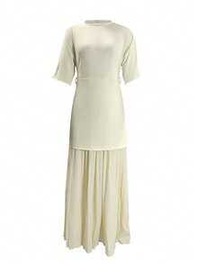 Women's Fashionable Splice Patchwork A-Line Dress, Sleeveless, Solid Color Casual Knit Fabric, Suitable For Casual, Evening Date, Birthday Party, Daily Wear In Summer - Light Yellow - View 2