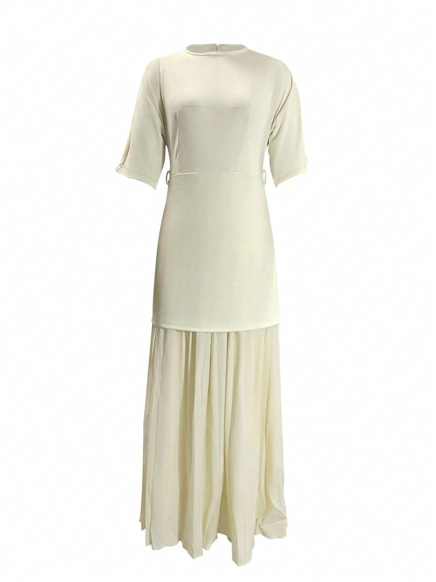 Women's Fashionable Splice Patchwork A-Line Dress, Sleeveless, Solid Color Casual Knit Fabric, Suitable For Casual, Evening Date, Birthday Party, Daily Wear In Summer