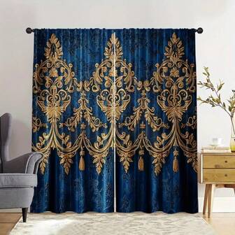 2 st eleganta blå retrotryckta gardiner - gardiner i art déco-stil, slitstarka gardiner i polyesterfiber med guldfärgat blommönster, filterljus, perfekt för vardagsrum, sovrum, kök, arbetsrum och matsal (exklusive stänger), vardagsrumsgardiner
