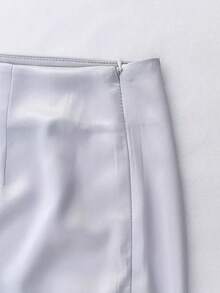 缎面中长开衩裙摆优雅高腰休闲A字派对裙，带拉链，春夏婚礼宾客无弹力面料半身裙 - 灰色 - 查看 3