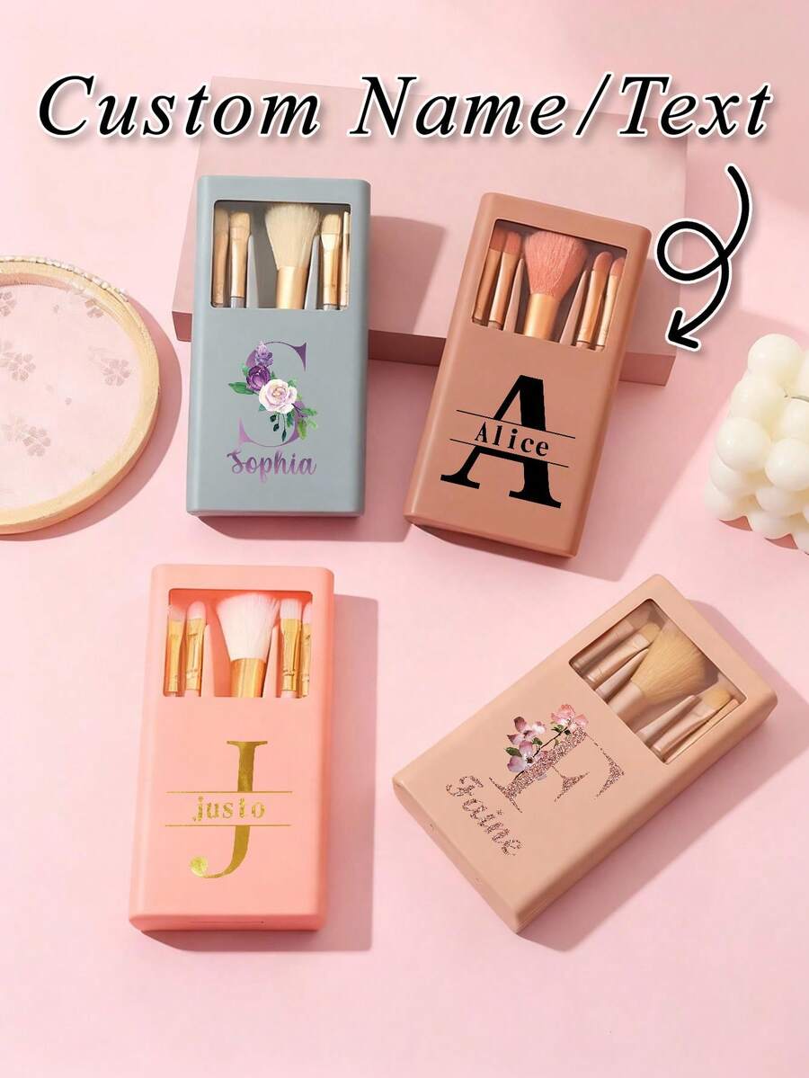 Custom Name 5 In 1 Makeup Brush Set, Versatile Cosmetic Brushes Kit With Powder/Nose Shadow/Eye Shadow/Smudge/Detail Brushes, Compact Travel-Ready With Built-In Mirror, Ideal Beauty Tools For Family & Friends - one-size - View 1