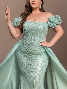 Faeriesty Đầm dạ hội Style Plus Elegant dành cho nữ, thiết kế trễ vai, đính sequin toàn thân, đuôi cá, buộc dây phía sau và phom dáng ôm sát. Thích hợp cho đám cưới, sự kiện thảm đỏ, tiệc tối trang trọng, dạ hội và các buổi dạ tiệc từ thiện. - màu xanh lá - Xem 5