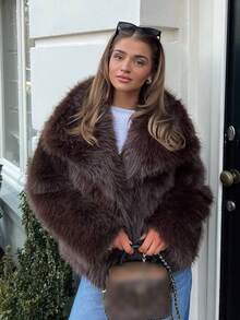 SHIBASHAN 女士冬季时尚仿皮草夹克带口袋长袖翻领毛绒外套时尚厚实保暖外套 - 深棕色 - 查看 1