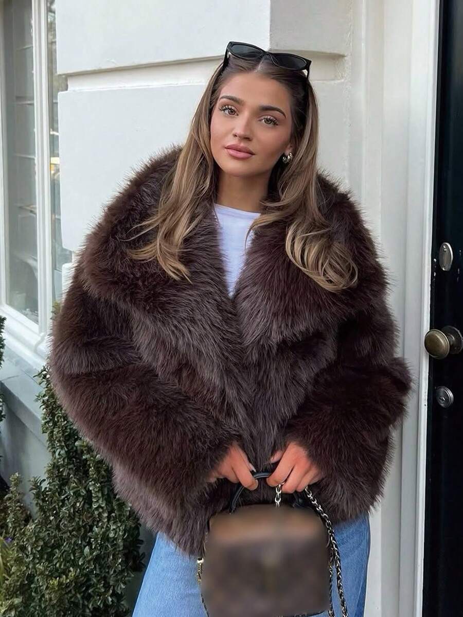 SHIBASHAN 女士冬季时尚仿皮草夹克带口袋长袖翻领毛绒外套时尚厚实保暖外套 - 深棕色 - 查看 1