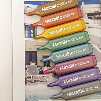 8-delars metalliska överstrykningspennor, diskreta glitteröverstrykningspennor för antecknings- och dagboksmaterial