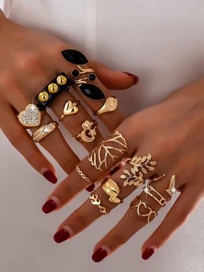 15 Parça Kalp, Yıldız, Ay, İçi Boş Yaprak Metal Kombinasyonlu Zarif Işıltılı Çok Elementli Yüzük Seti, Günlük ve Festival Eşleşme İhtiyaçlarını Karşılar, Yeni Yıl ve Sevgililer Günü İçin Mükemmel Hediye