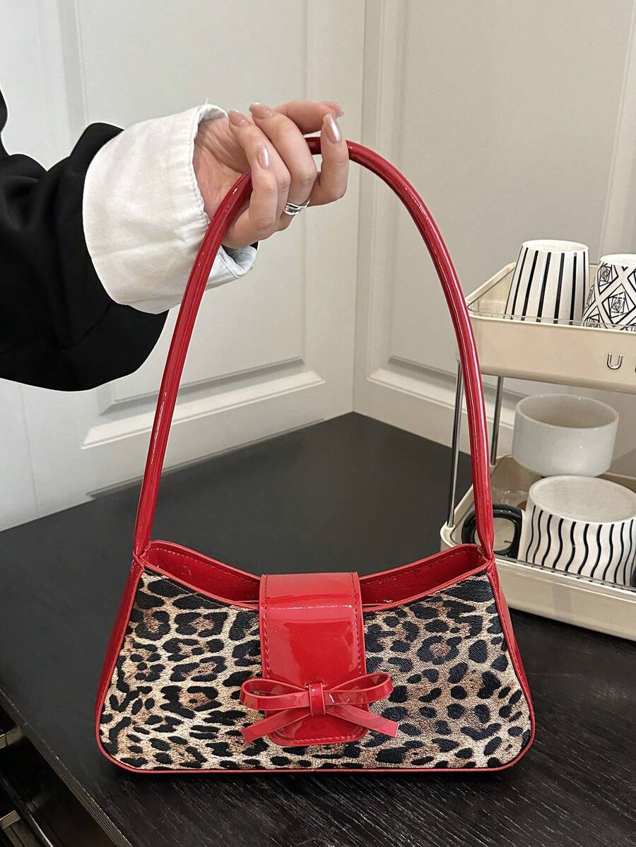 时尚蝴蝶结装饰豹纹腋下包，独特通勤手提包，多功能单肩包 - 紅色 - 查看 1