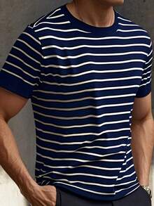 GRDR 1 Peça Camisa de Malha de Manga Curta com Listras e Gola Redonda, Uso Casual ao Ar Livre, Verão a Início de Outono para Homens - Azul Marinho - Visão 8