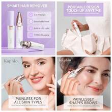 Removedor de vello de cejas para mujer: recargable, 2 en 1, recortadora de cejas y afeitadoras faciales, dispositivo de depilacin elctrico sin dolor para cara, cejas, melocotn, pelusas con luz - Púrpura - Ver 1