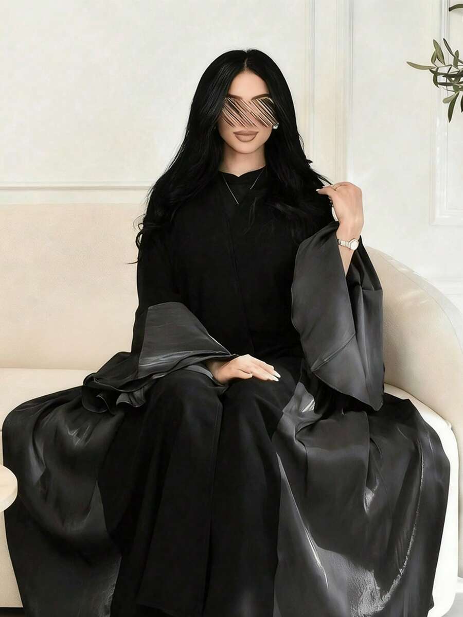 女士穆斯林黑色长袍 - 丝绸般面料，渐变灰色设计，优雅时尚 - 黑色 - 查看 1