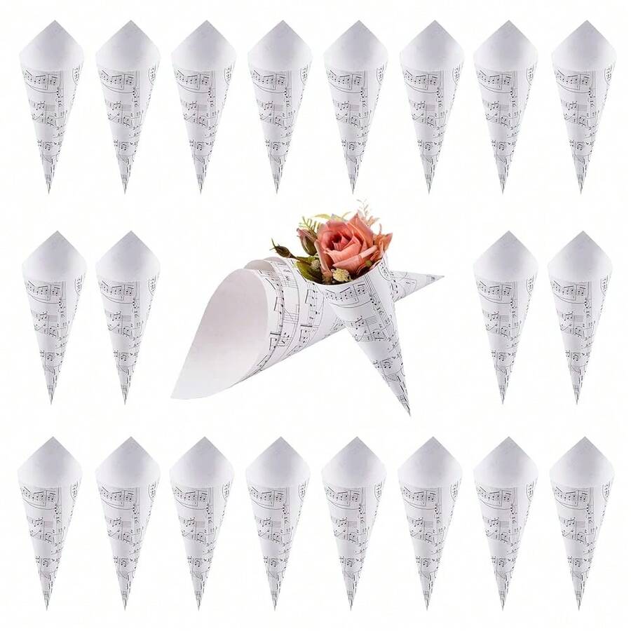 Kraft Paper Cones, 50 Pcs White Wedding Confetti Paper Bouquet Petals Bags Boxes With Musical Note For Wedding Party Gifts PacFKing,MusicalNote - 音符 - 查看 1